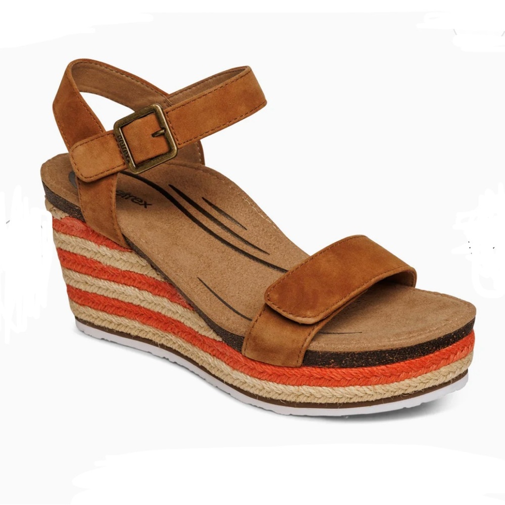 Aetrex Sydney Espadrille Wedge Sandals Cognac Orange Stripe Size 8.5 - Picture 2 of 10